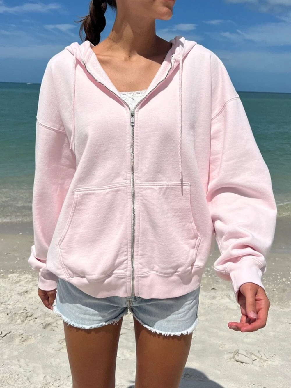 Brandy Melville Christy zip up hoodie, baby pink